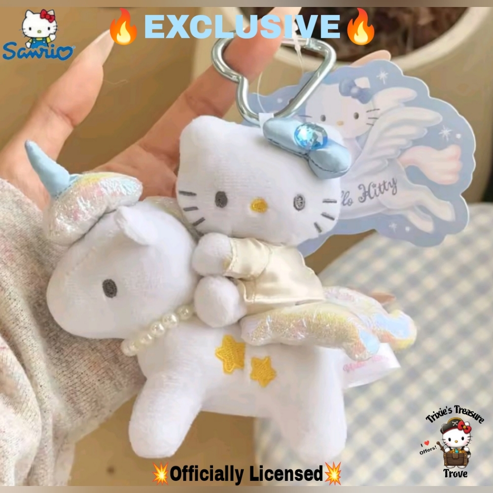 Hello Kitty White Plush Unicorn Keychain with Pastel Blue Bow